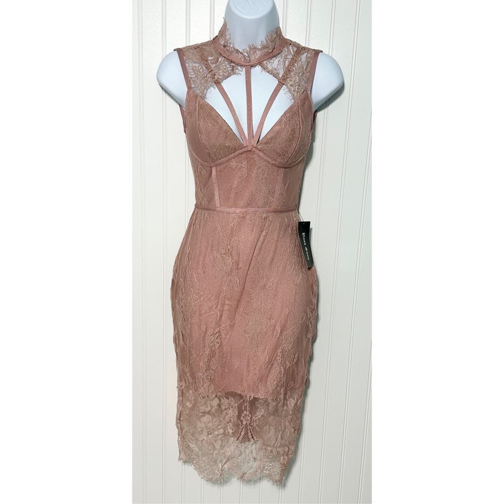 PoshShop Sheer Lace Sleeveless Sheath Dress Caged Neck Blush‎ Pink Extra Small